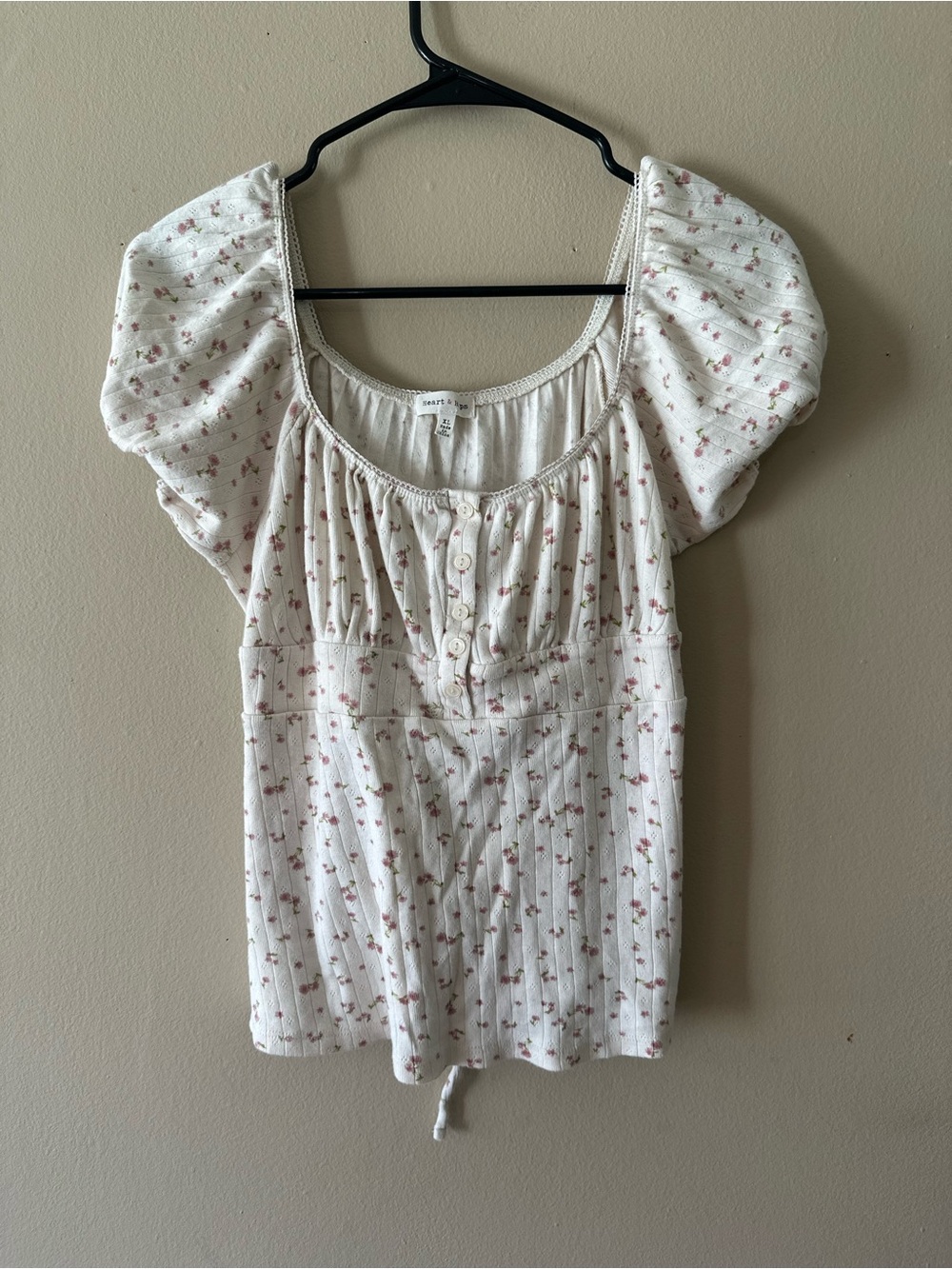 Heart & Hips Cotton Floral Puff-Sleeve Ribbed Milkmaid Cottagecore Top, Sz XL